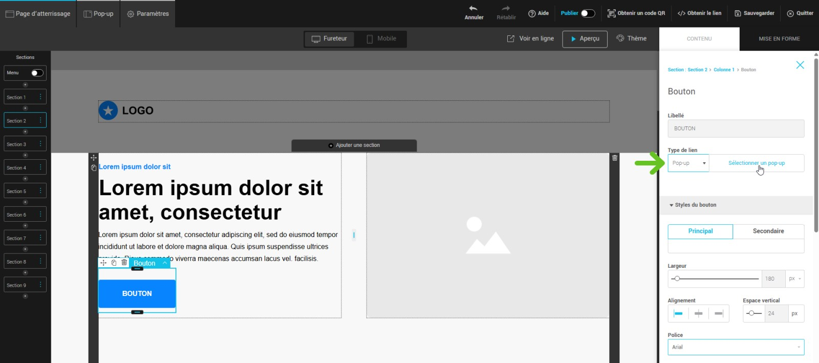 Sélectionnez un pop-up (type de lien)