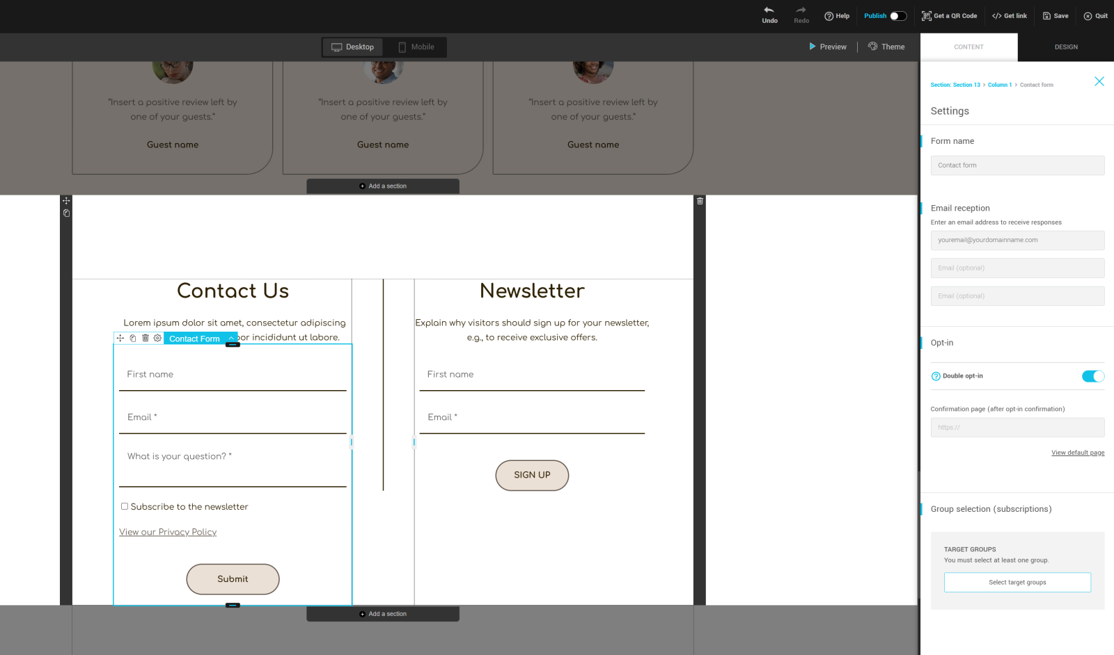 Contact form settings