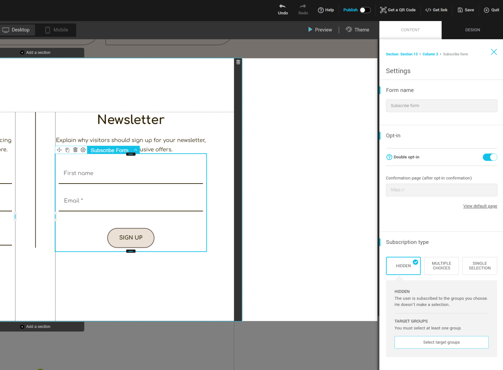 Subscription form settings