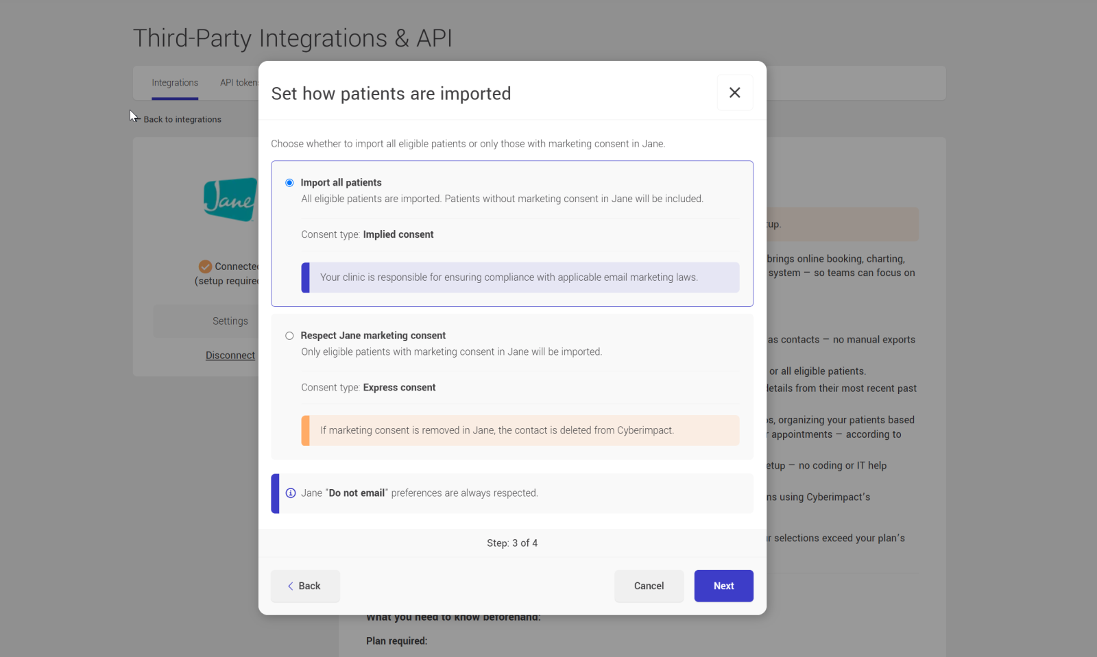 Step 3 of the configuration : choose how to import patients from Jane