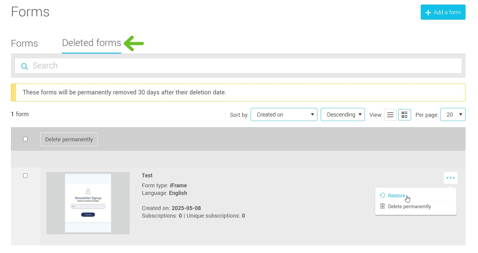 Restore a form