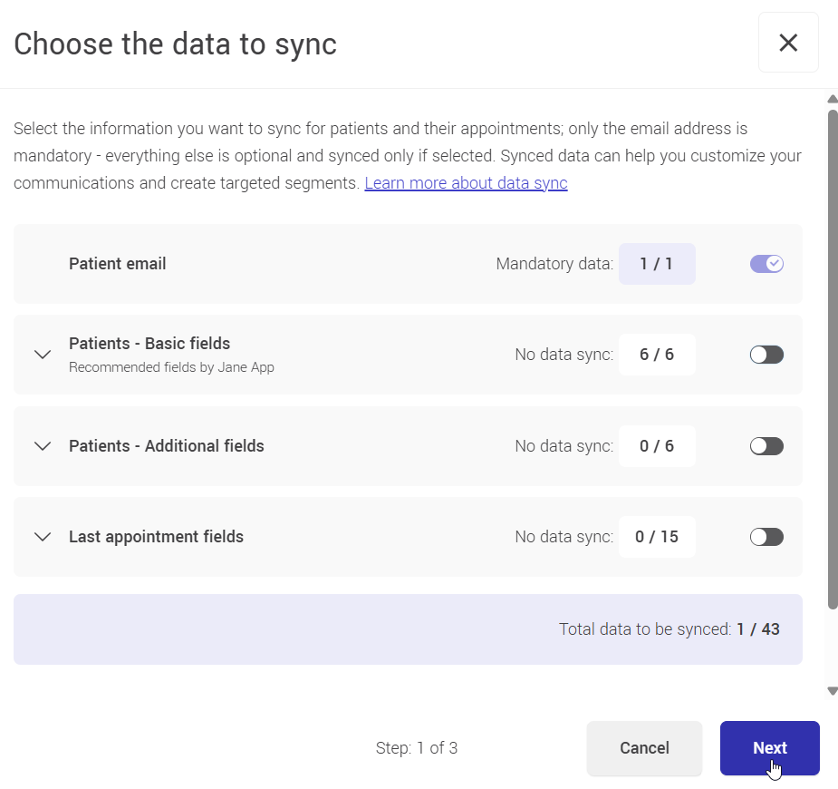 Choose the data to synch