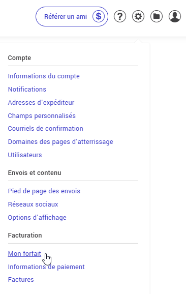 menu Mon forfait dans les Configurations et param&egrave;tres 