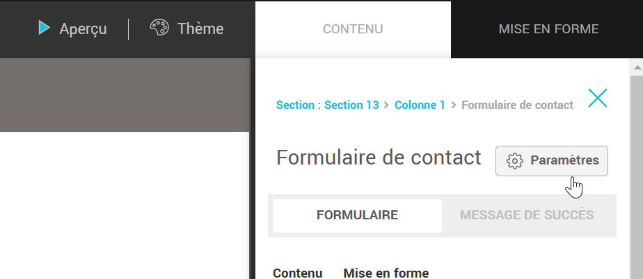 Comment accéder aux paramètres du formulaire contact
