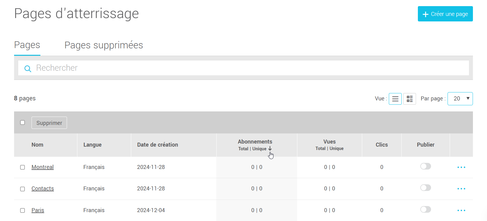 Page d'atterrissage statistiques