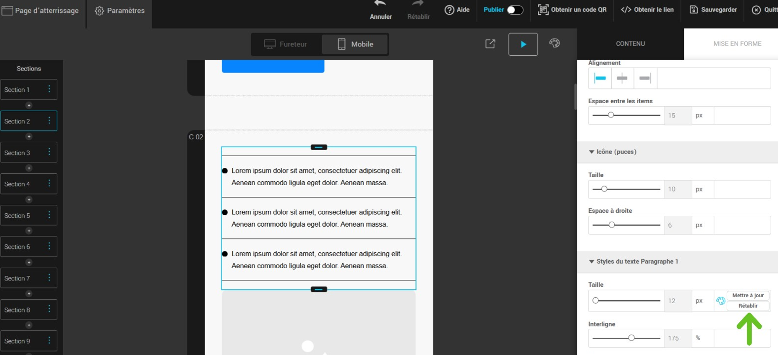 bouton rétablir pour  revenir à la configuration initiale