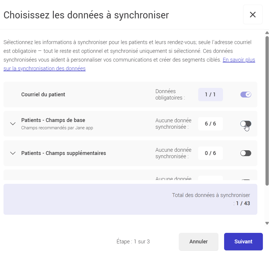 Choisissez les données à synchroniser