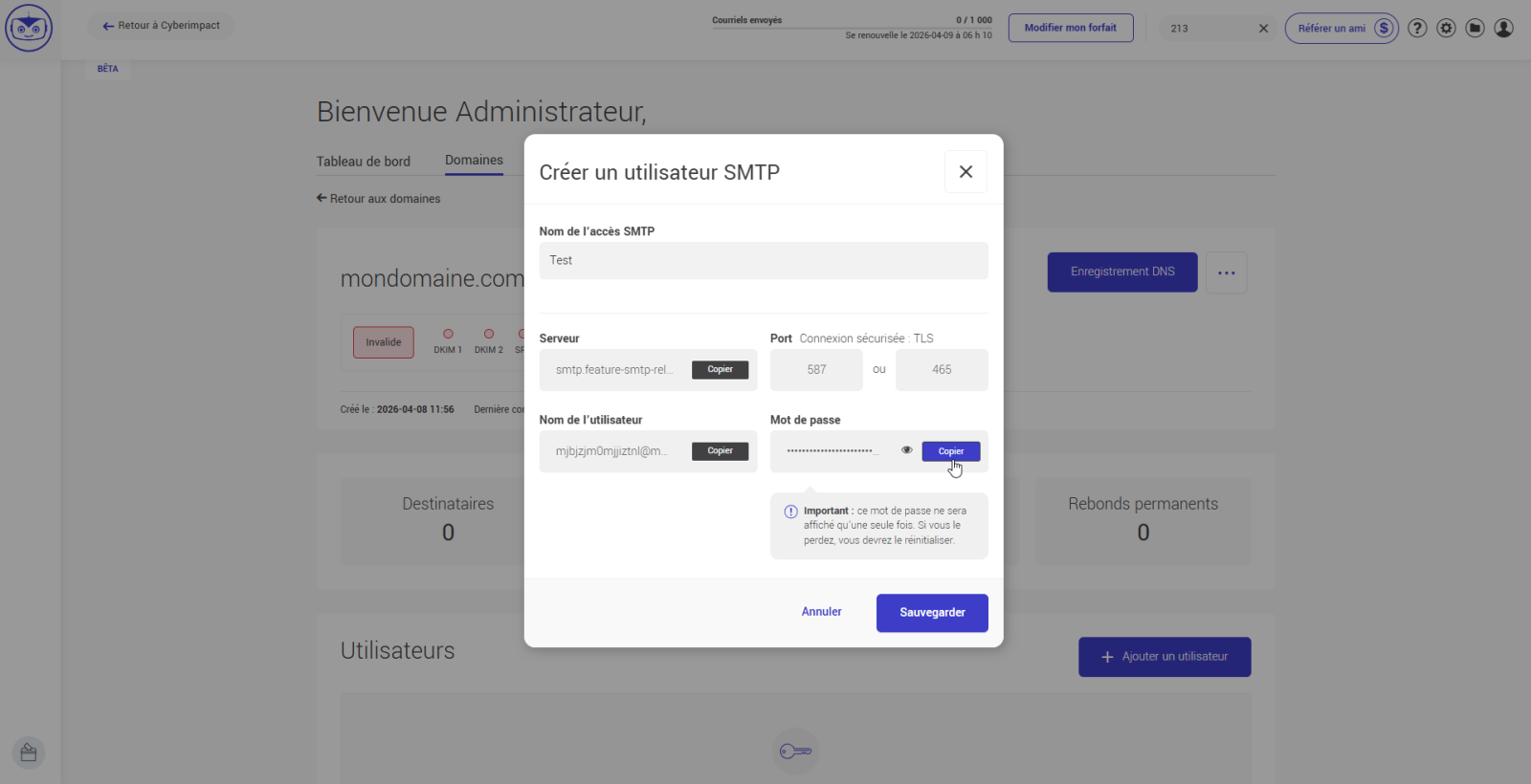 Utilisateur et mot de passe