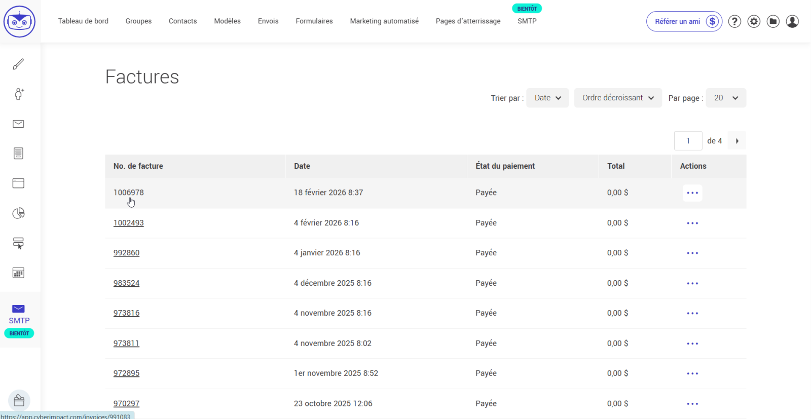 Cliquez sur le num&eacute;ro de la facture pour la consulter