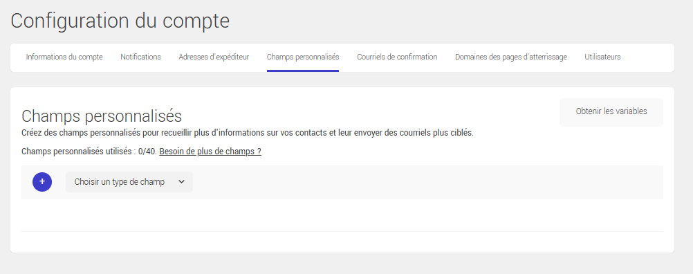 Configuration des champs personnalis&eacute;s au compte