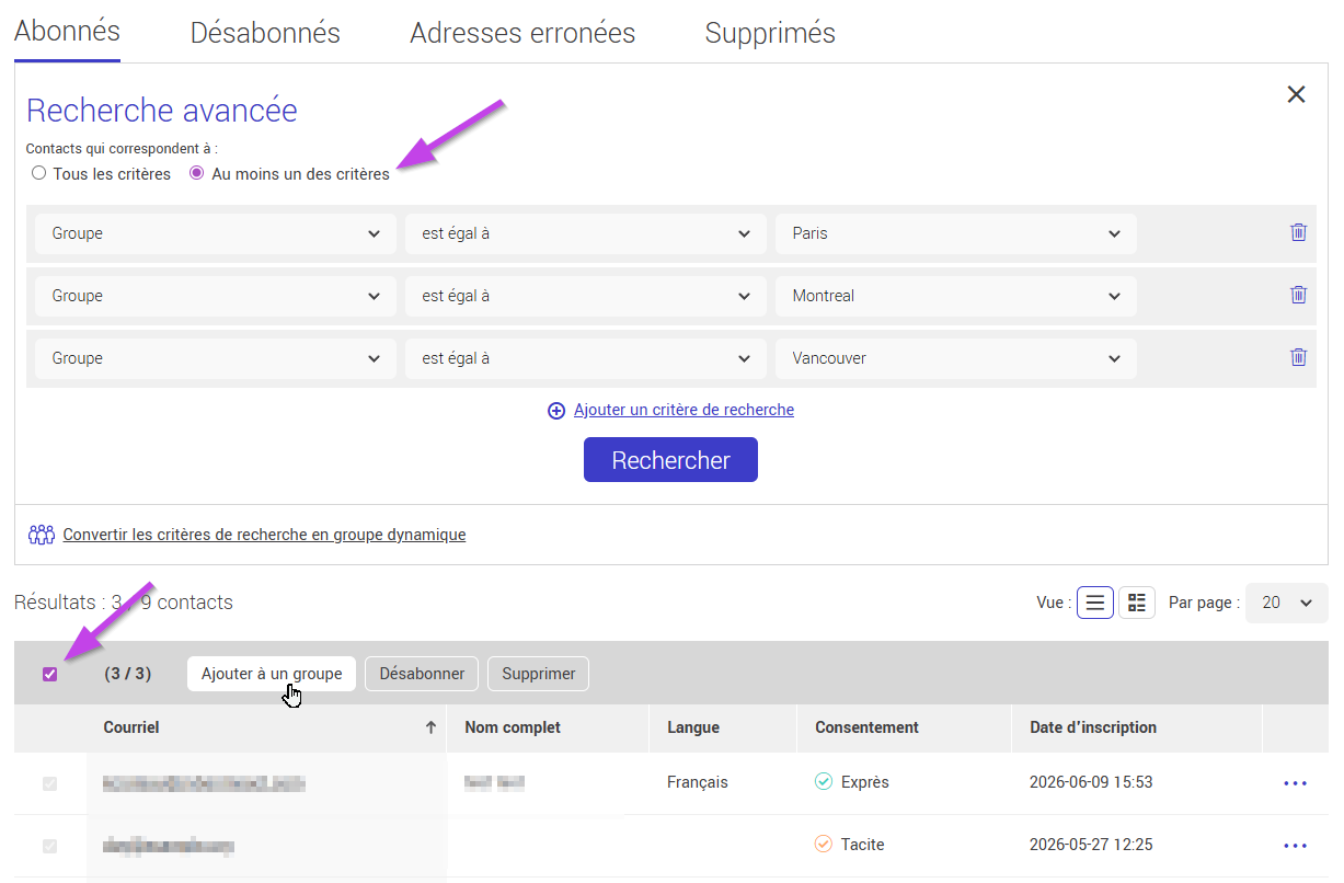 fusionner des groupes par la recherche avancée